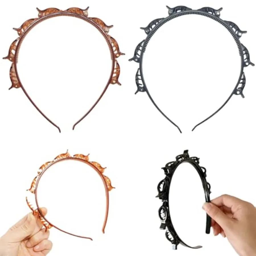 Confezione da 2 fasce per capelli intrecciate con clip, fascia per capelli a doppio strato per frangia arricciata, accessori per lo styling dei capelli antiscivolo per donna