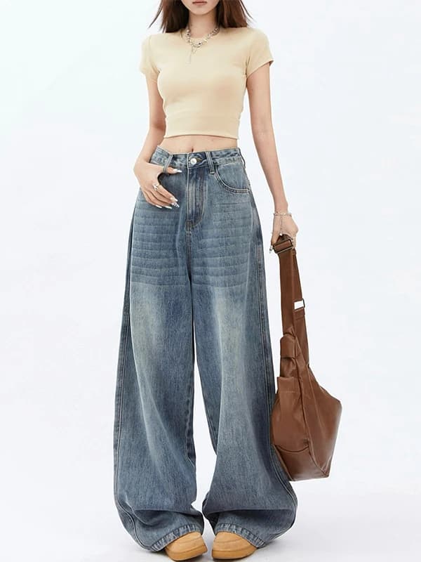 High Waist Wide Leg Straight Cut Denim Jeans Women's Early Autumn Loose Fit Long Pants Slimming for Pear Shaped Body plus Size