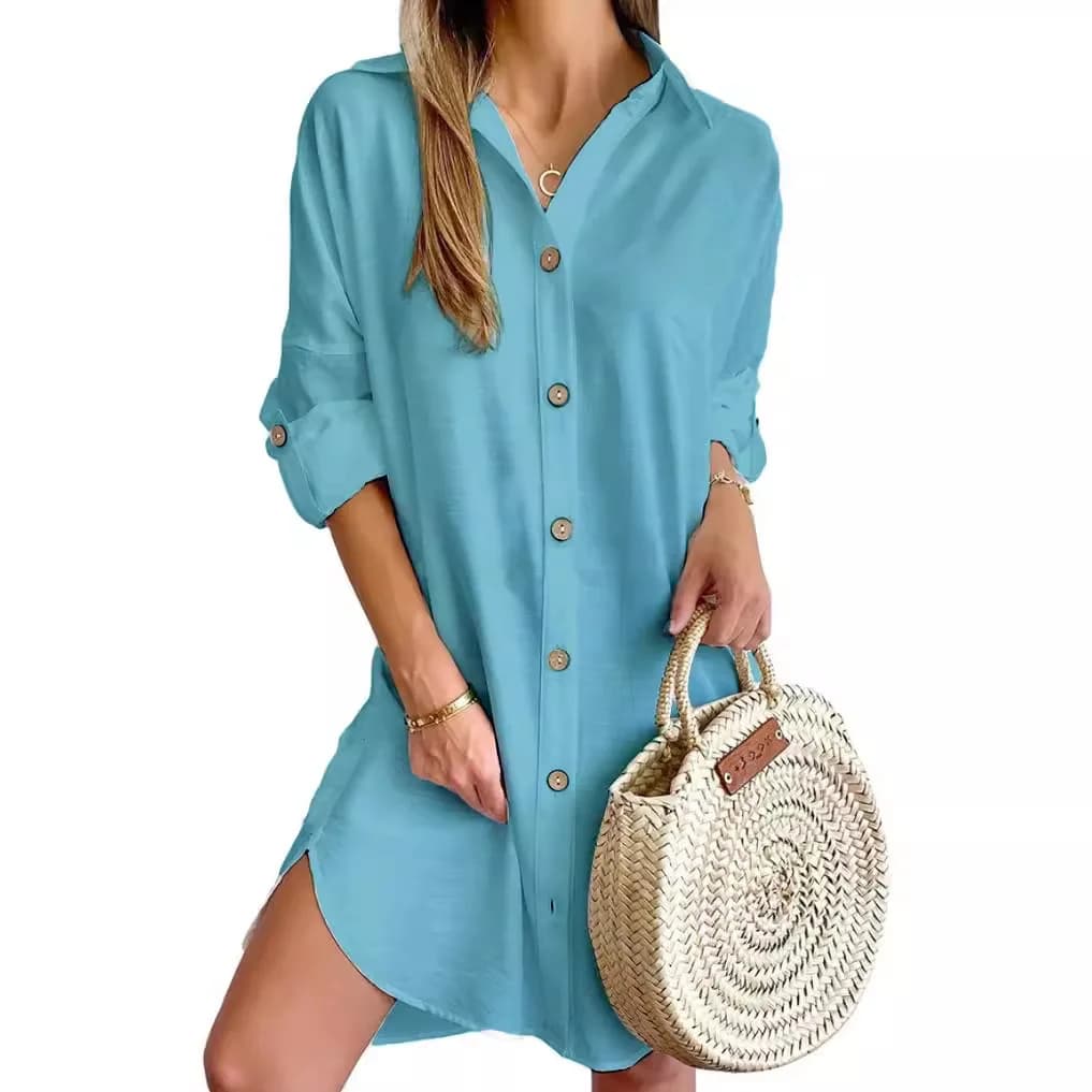 Abito camicia con bottoni sul davanti in tinta unita Abito casual con risvolto a maniche lunghe per abbigliamento da donna primaverile e autunnale