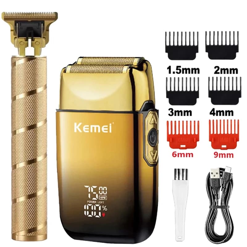 Kemei KM-TX10 T9 Regolabarba Elettrico Professionale con Lame a Lamina, Rasoio Elettrico per Uomo, Kit da Barbiere, Tosatrice