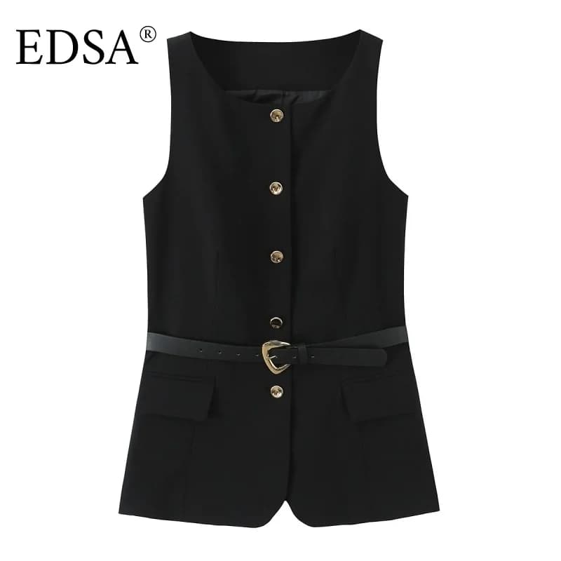 EDSA Gilet da donna con cintura senza maniche monopetto con patta Tasche con fibbia in metallo Cappotto Capispalla