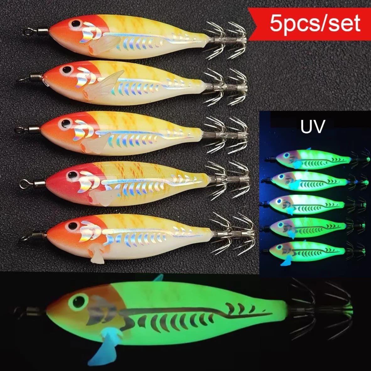 Ackibbik Set di 5 Esche Orizzontali per Calamari Egi da 8cm, Luminose UV, a Forma di Gambero, per Pesca in Acqua Salata di Seppie e Polpi, con Amo Affilato