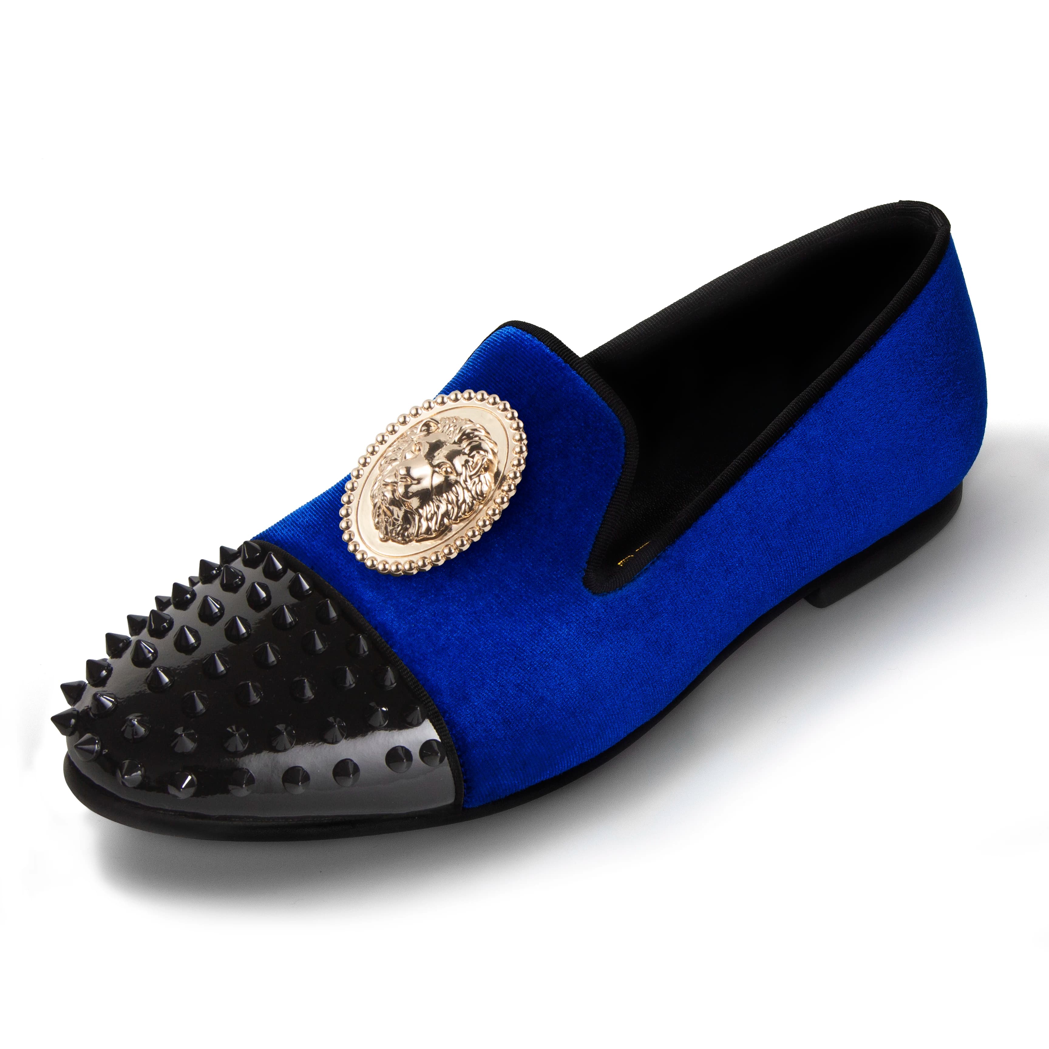 Pantofole in Velluto Harpelunde da Uomo, Scarpe Eleganti Blu con Emblema Leone 3D, Mocassini da Smoking con Punta Chiusa e Borchie