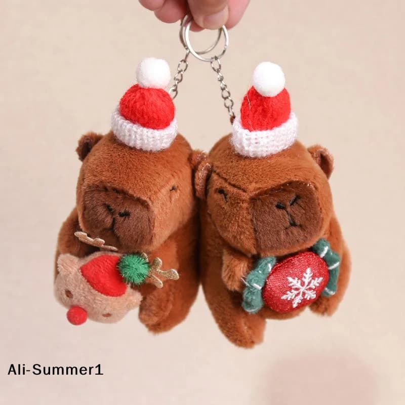 【E】Grazioso Portachiavi Peluche a Forma di Capibara Natalizio, Morbido Giocattolo Imbottito, Decorazione per Zaino, Regalo di Capodanno