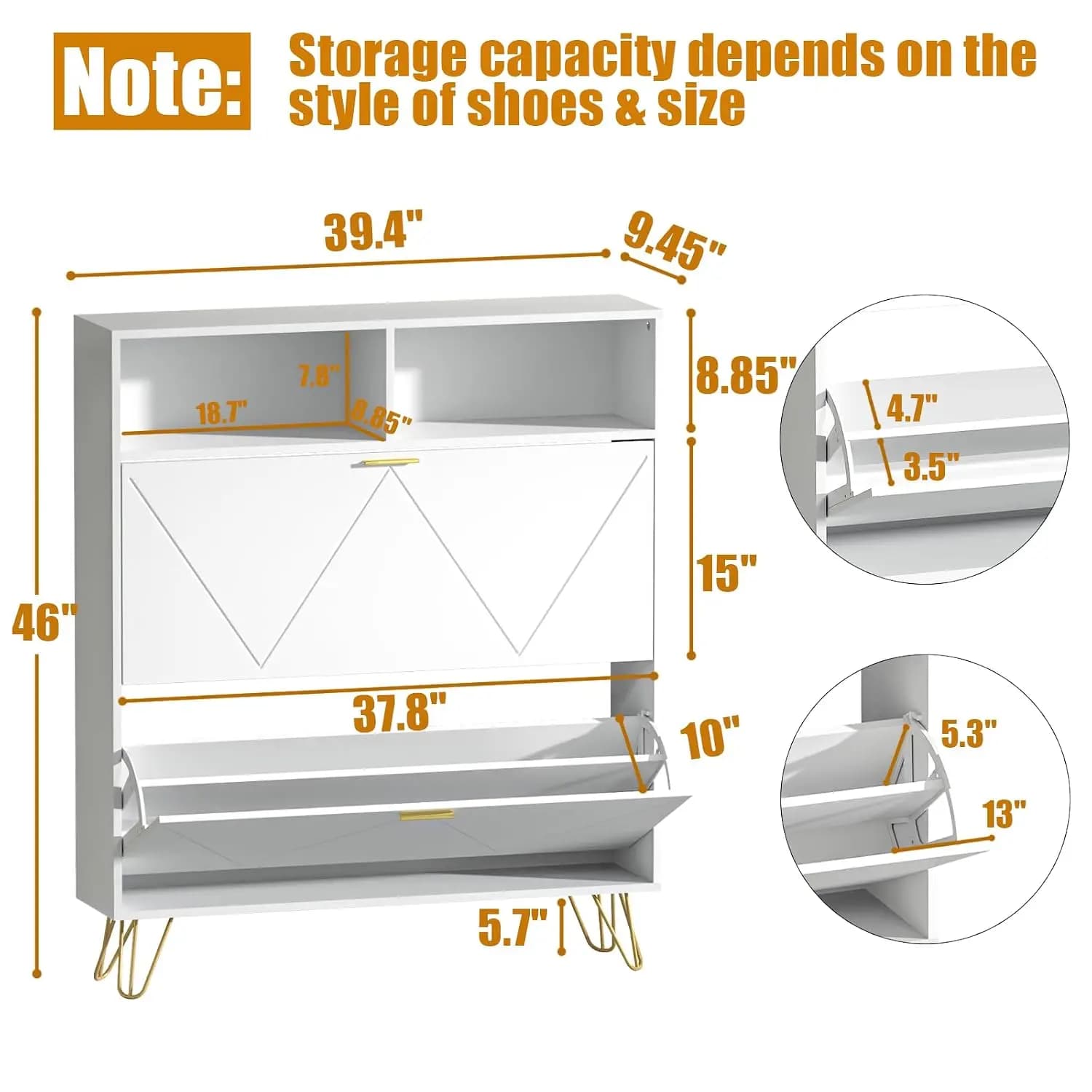 Shoe Cabinet Flip Drawers & Open Shelves, Narrow Storage Organizer With Metal Legs For Hallway Entryway, White, 2PCS, Customized