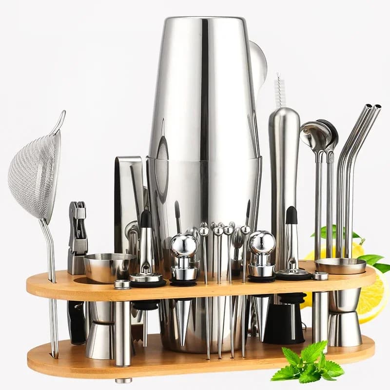 Nuovo shaker entry-level in acciaio inossidabile, kit di preparazione per cocktail Boston da 23 pezzi, shaker a tre stadi