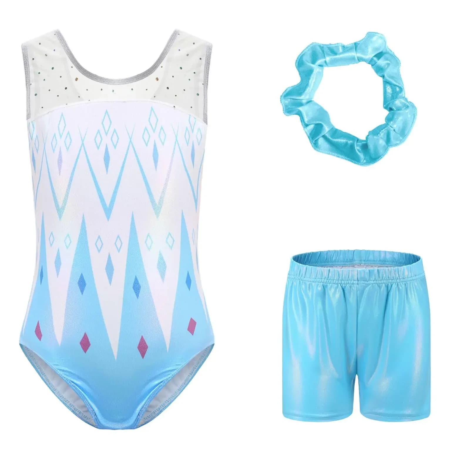 Body da ginnastica per ragazze con pantaloncini Set Bambini Lucido Pattinaggio di figura Balletto Danza Biketards Tumbling Outfit Pratica Dancewear