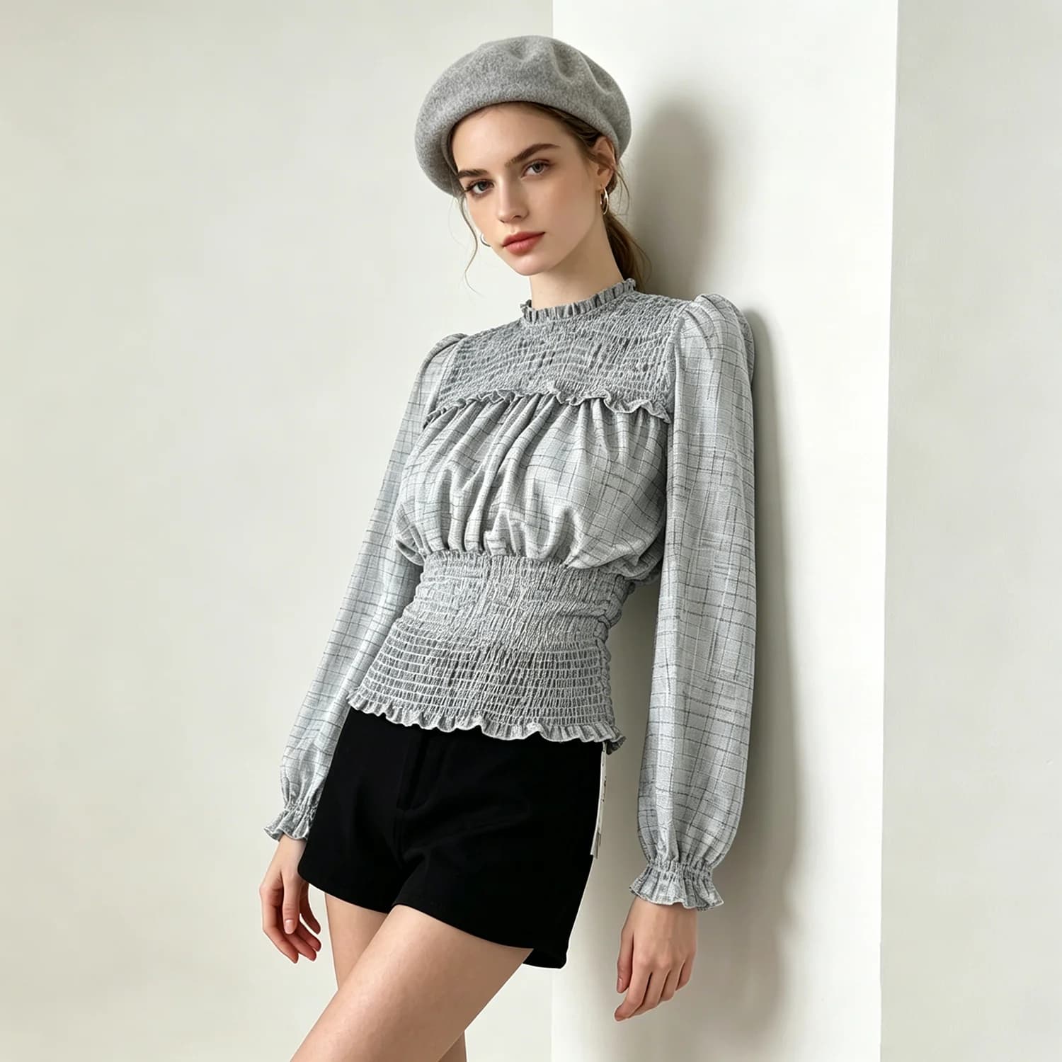 Camicetta LIMO dal design slim fit a quadri con dettagli arricciati, maniche lunghe a sbuffo, elegante e chic, per l'uso quotidiano e in ufficio.
