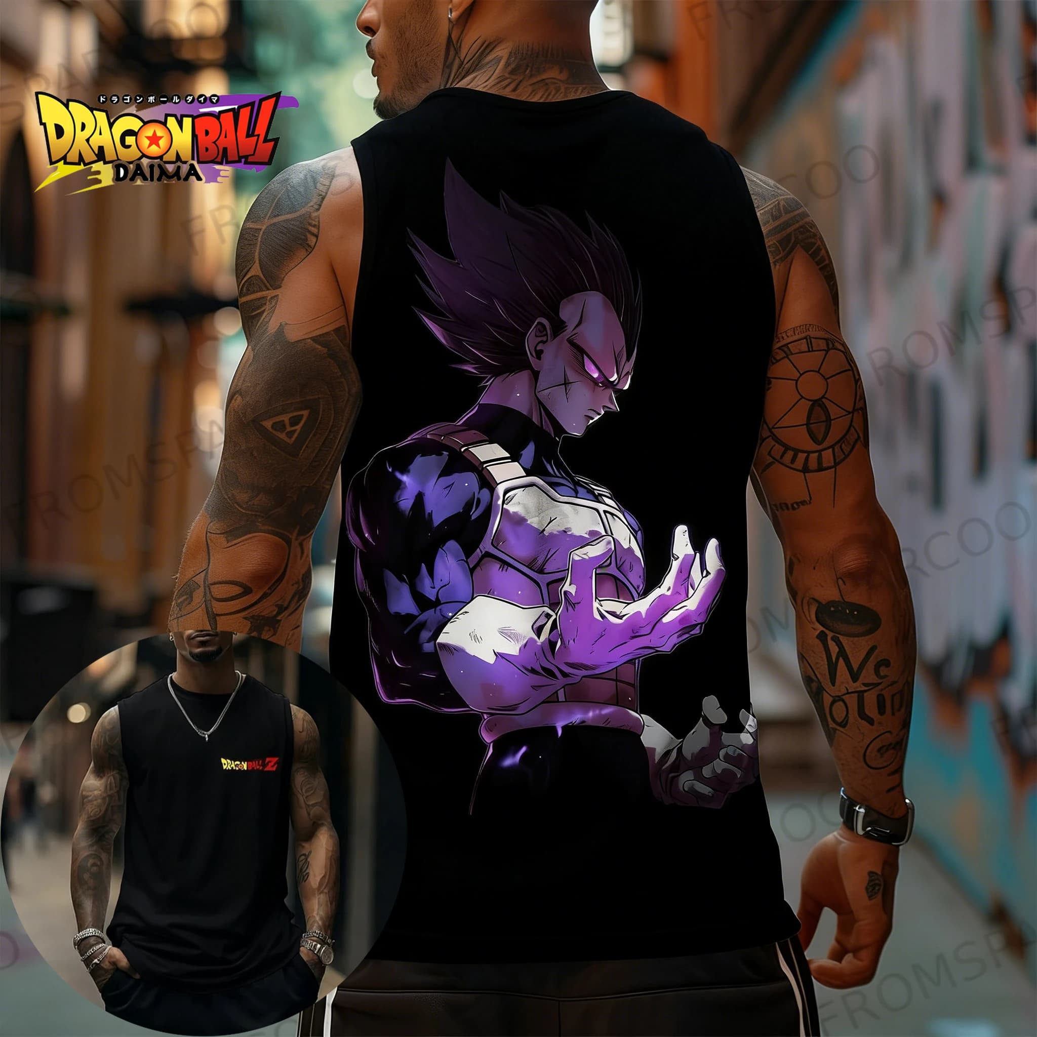 T-shirt da uomo Dragon Ball con stampa Vegeta viola e nero a gradiente, gilet sportivo fitness, top elegante che valorizza la figura