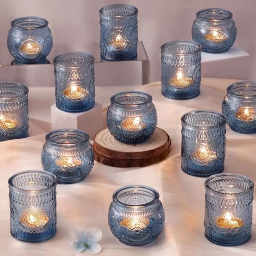 24 Portacandele Votive Blu - Portacandele in Vetro per Decorazioni per Feste, Portacandele per Tea Light per Matrimoni e Regali