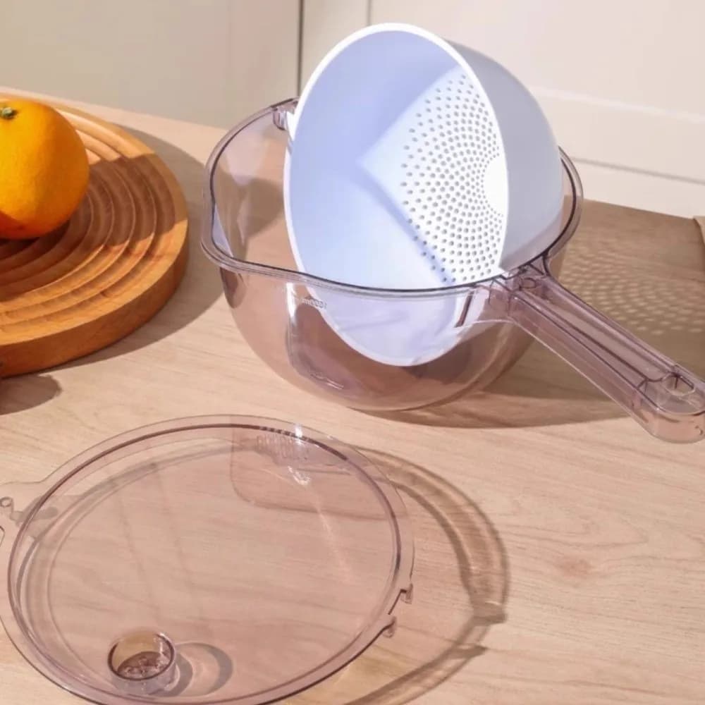 Long Handle Vegetable Drain Basket Double Layer Rotating Food Storage Container Multifunctional Large Capacity