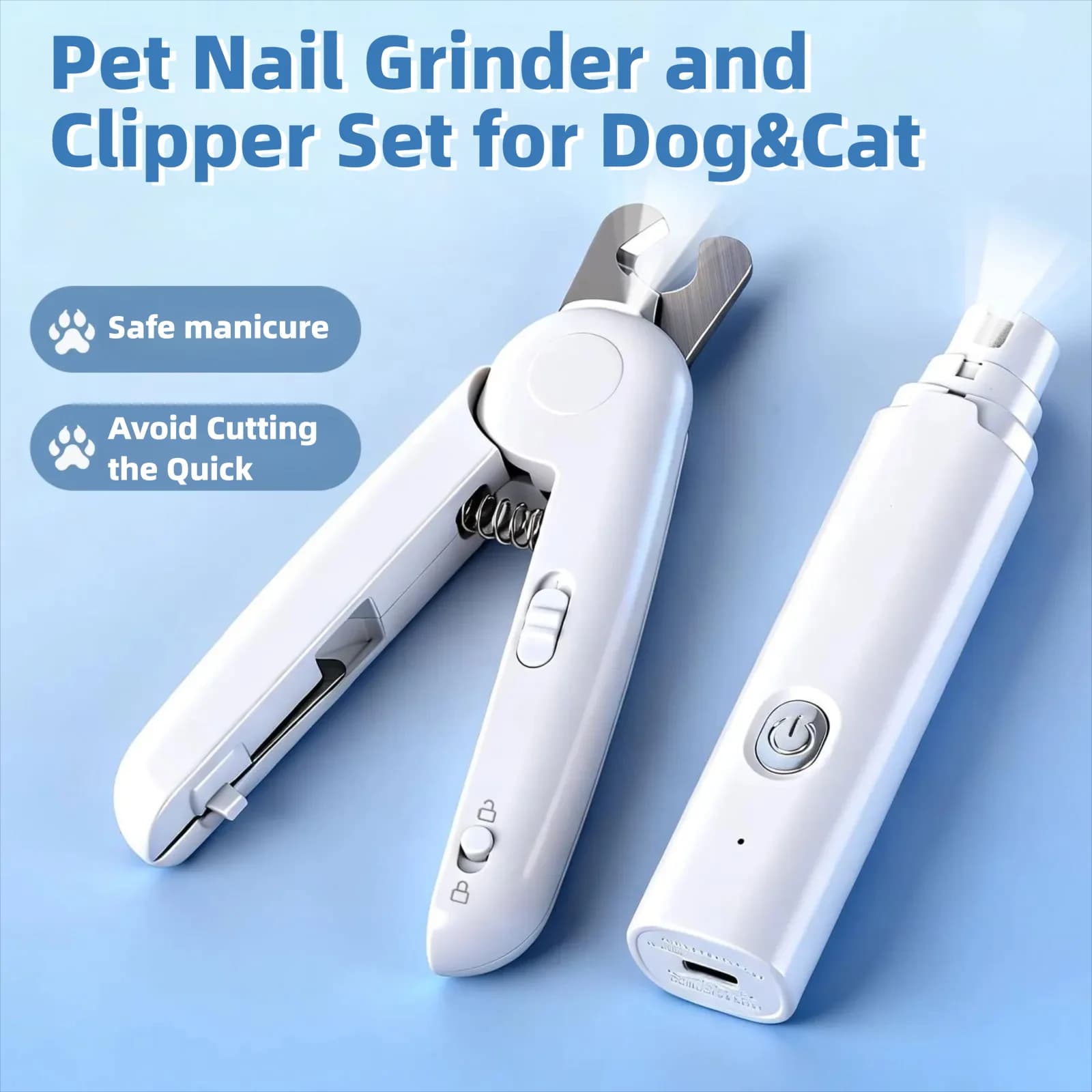 Pet Dog Nail Grinder and Clipper Set for Dogs & Cats, Low Noise Rechargeable Nail Trimmer with LED Light, 3-Speed Safe Grooming