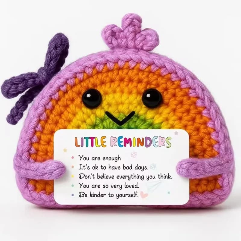 Bambola di peluche lavorata a mano all'uncinetto a tema motivazione emotiva, color arcobaleno, con biglietto con messaggio positivo, regalo per donne per festival.
