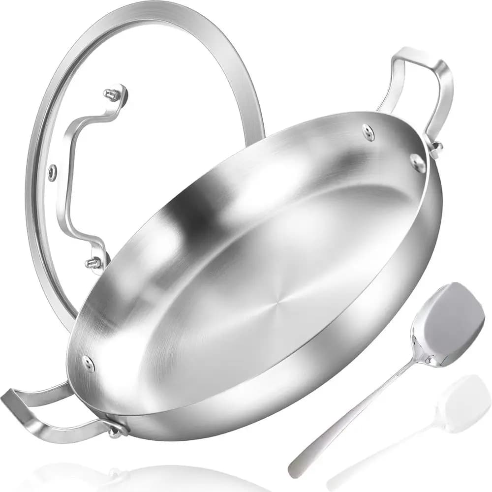 Stainless Steel Tri-Ply Paella pan with Coperchio, Sauteed Sauce pan, Omelet pan, Large pan, Induction Cooking pan, Resistant