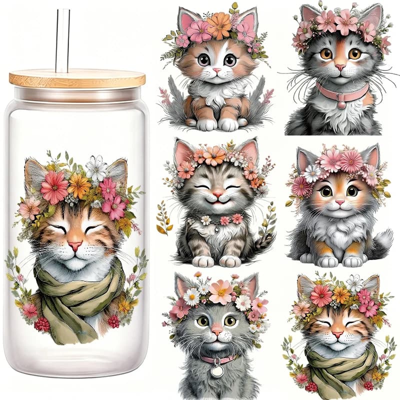 6 Pezzi Adesivi UV DTF per Tazze con Gatto Carino e Corona di Fiori Rosa, Decalcomanie Floreali Kawaii in Cristallo per Bicchieri, Autoadesivi