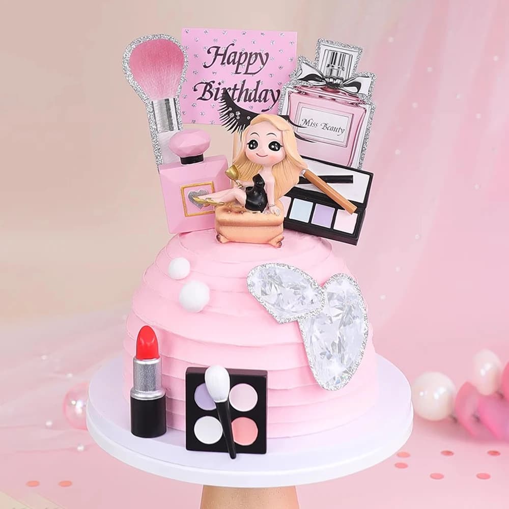 Cosmetic theme cake decorations - Lipstick bottle and umbrella box Toppers for birthday party cakes for girls and moms