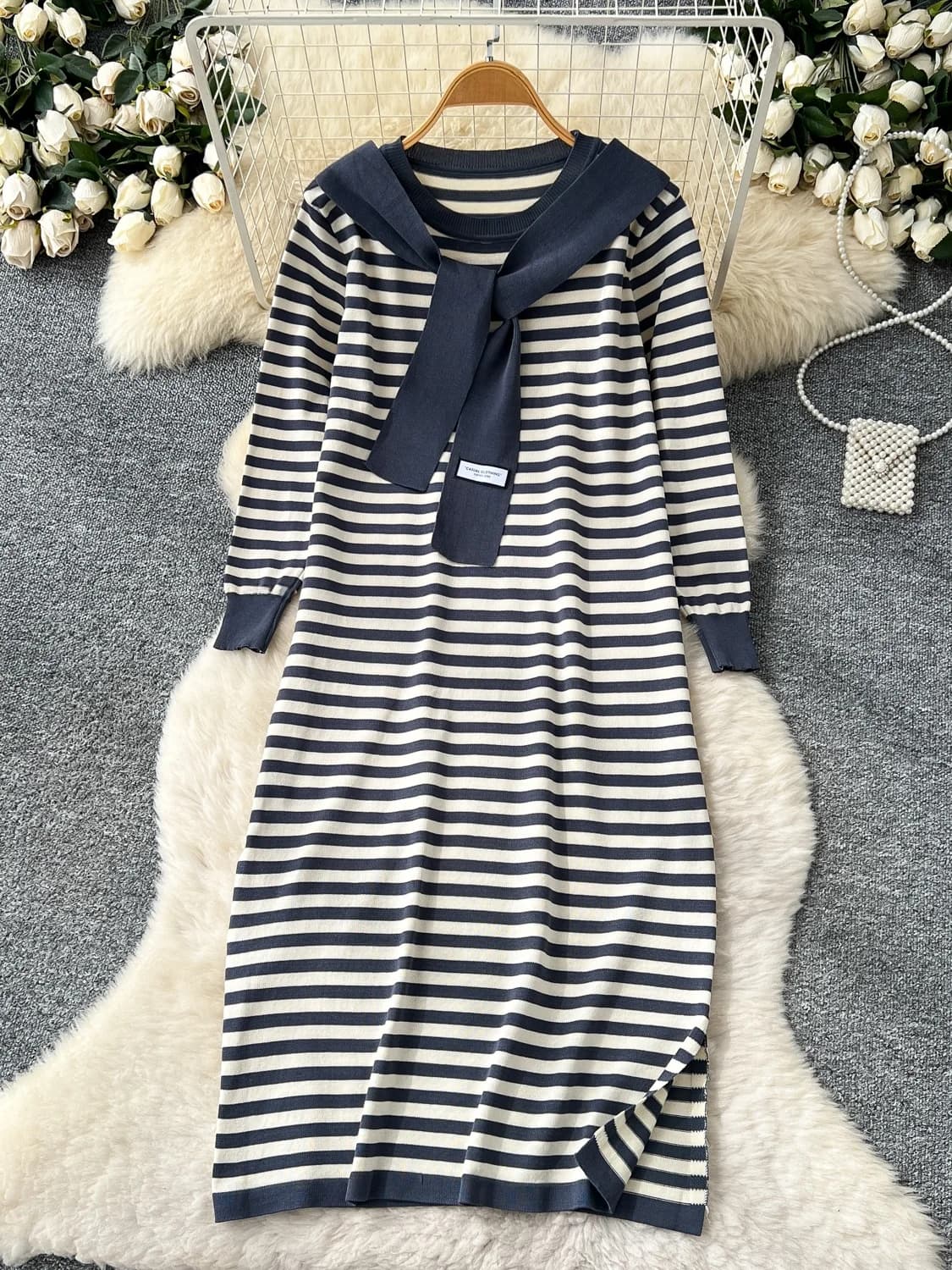 Abito Lungo Lavorato a Maglia con Maniche Lunghe da Donna, Stile Bandooning, Moda Casual Autunnale, a Righe Verticali, Vita Alta, Vestito a Trapezio