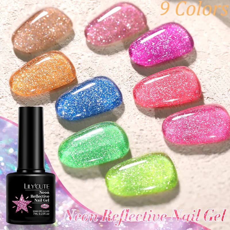 LILYCUTE 7ml 9 colori riflettenti fluorescenti gel al neon set di smalti per unghie effetto flash scuro Soak Off gel UV manicure smalto per unghie artistiche