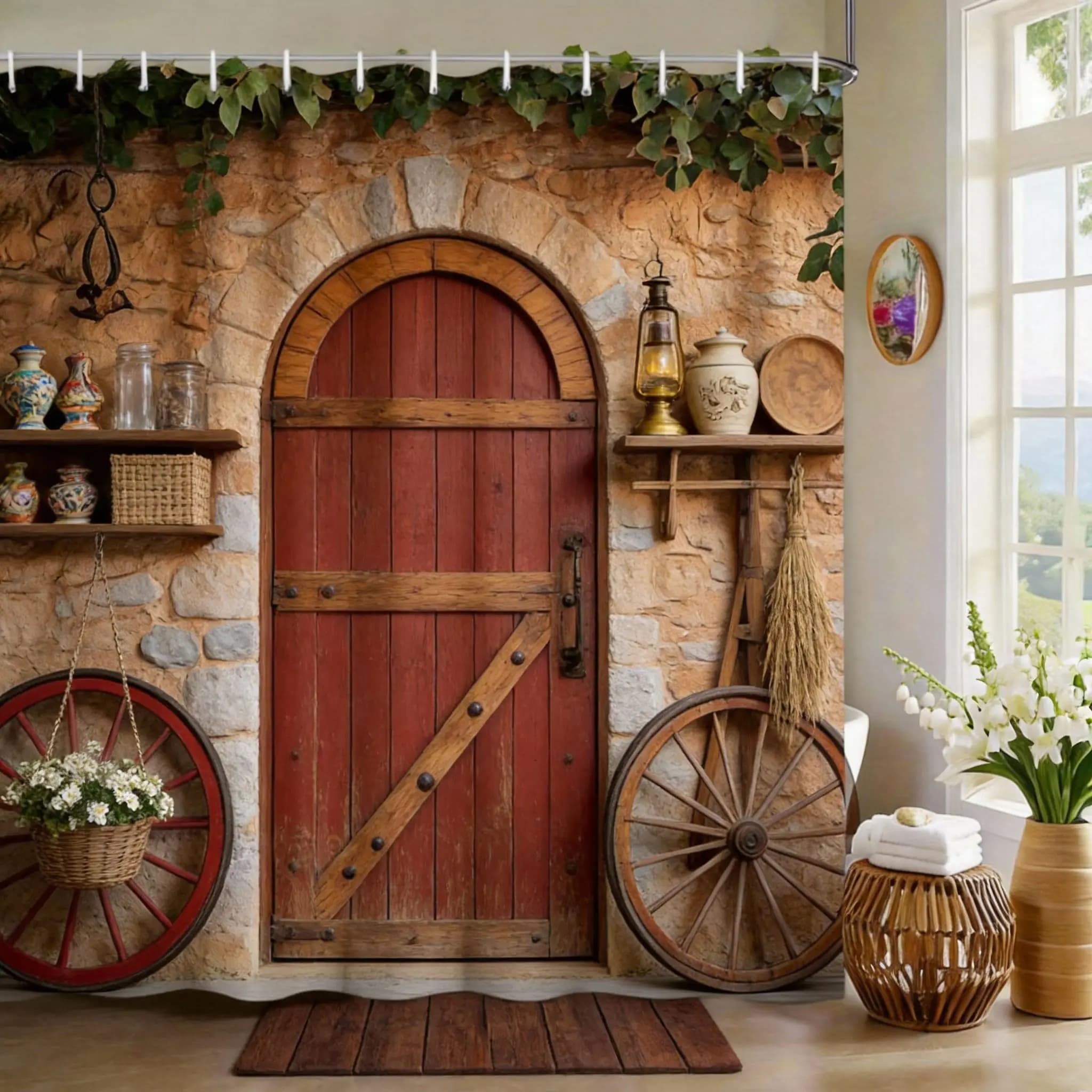 Tenda da doccia Farmhouse 180x180 cm – Design rustico con ruota in legno e porta di fienile, decorazione per bagno in stile country, 12 ganci