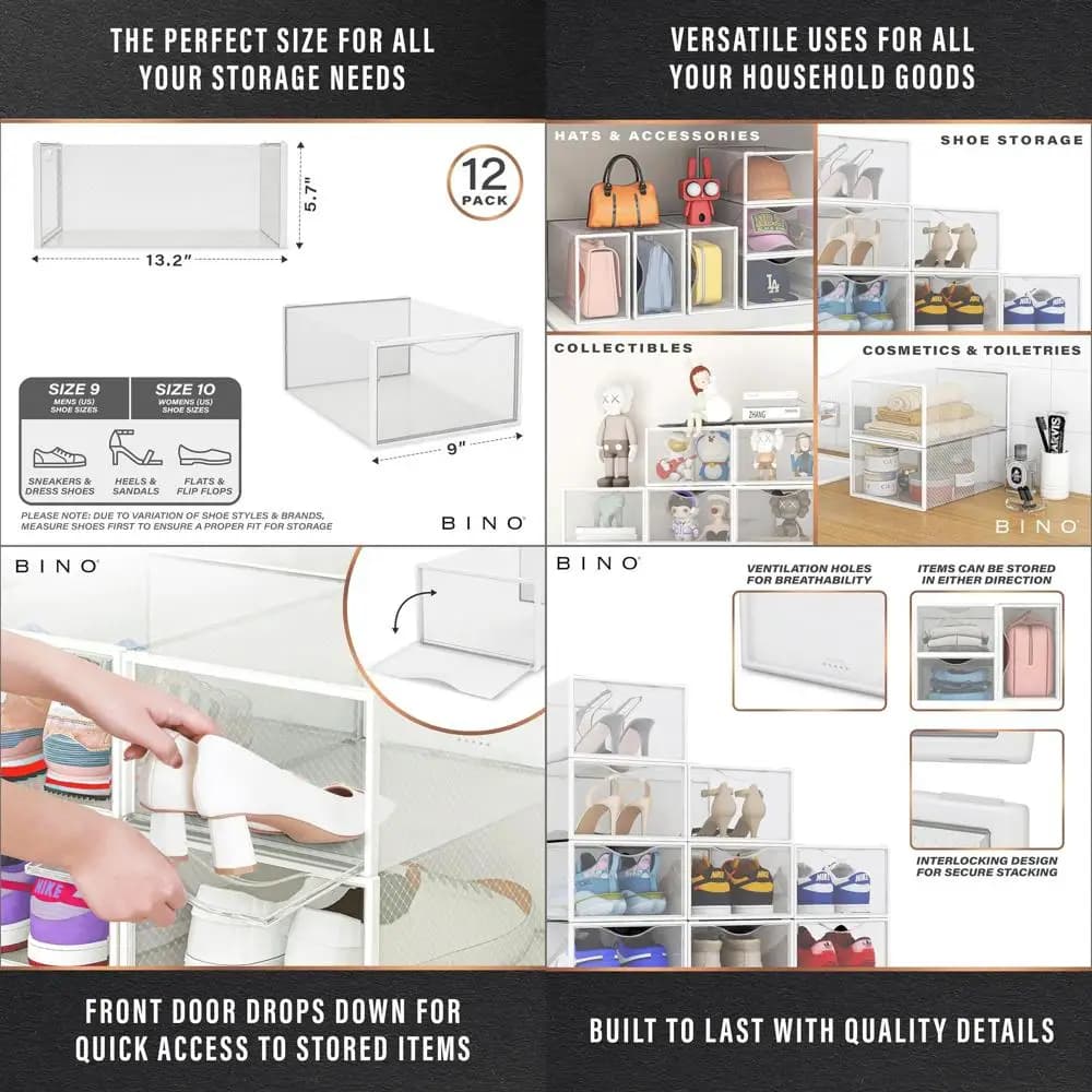 Set stackable transparent shoes boxes - Pack of 12 | Foldable storage | Organizer for sneakers | Portable shoe | Transparent Front Open