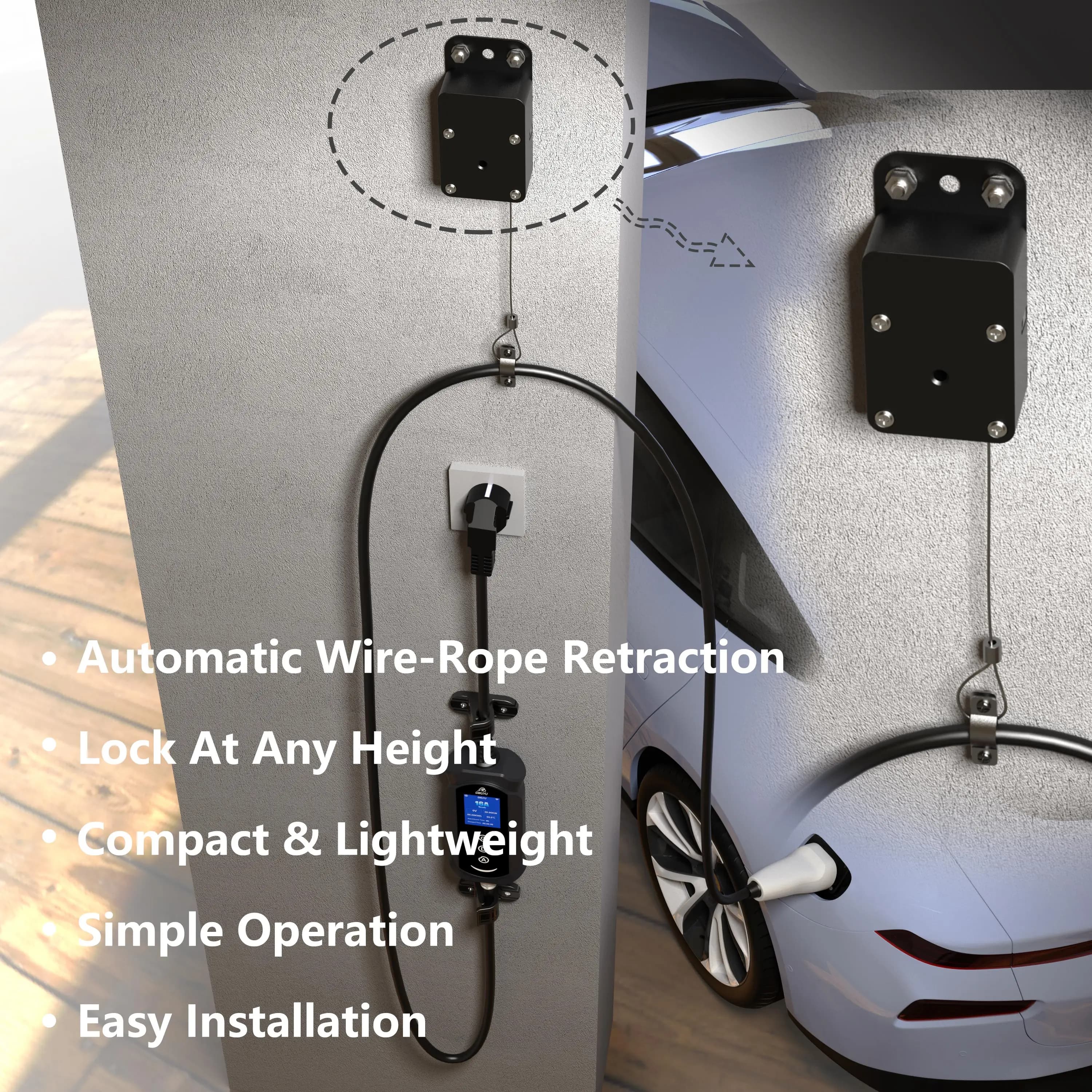 Wall‑Mount EV Charging Cable Reel Organizer, Electric Car Charger Cable Winder Compatible with Type 2 J1772 Tesla NACS GB/T EV C