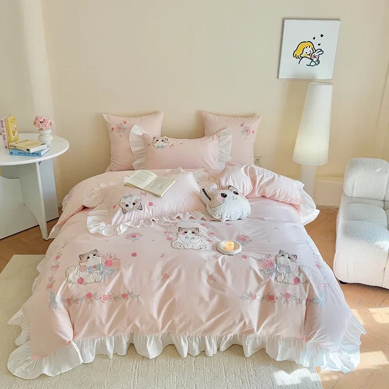 Pink pure cotton cute cartoon cat embroidery 3/4 pieces set bed linen bedroom for children ins style duvet bed sheet