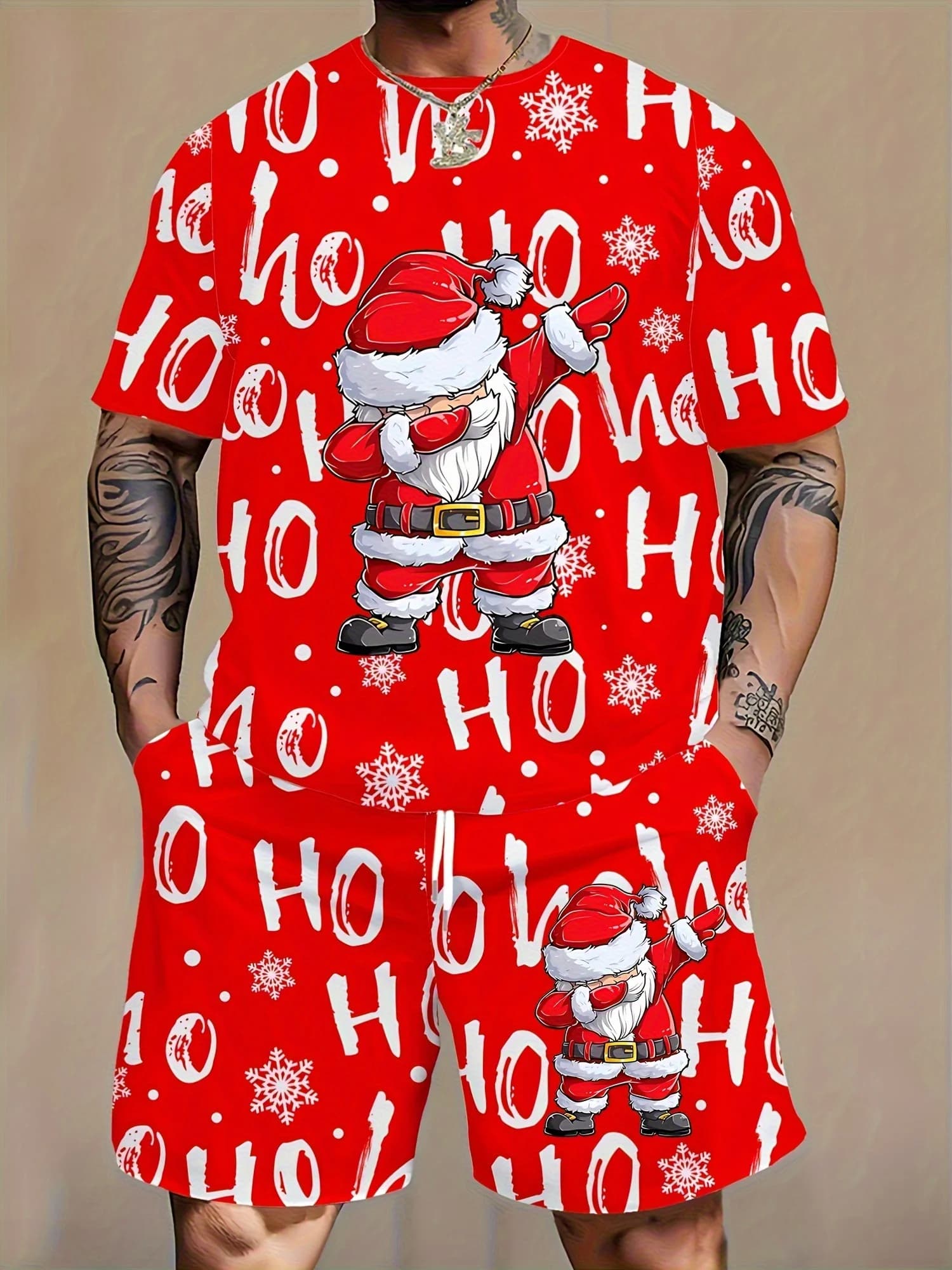 Men's casual clothing set strong sizes T-shirts and shorts with Santa Claus print 3D Letters and set of Christmas snowflakes Y2k