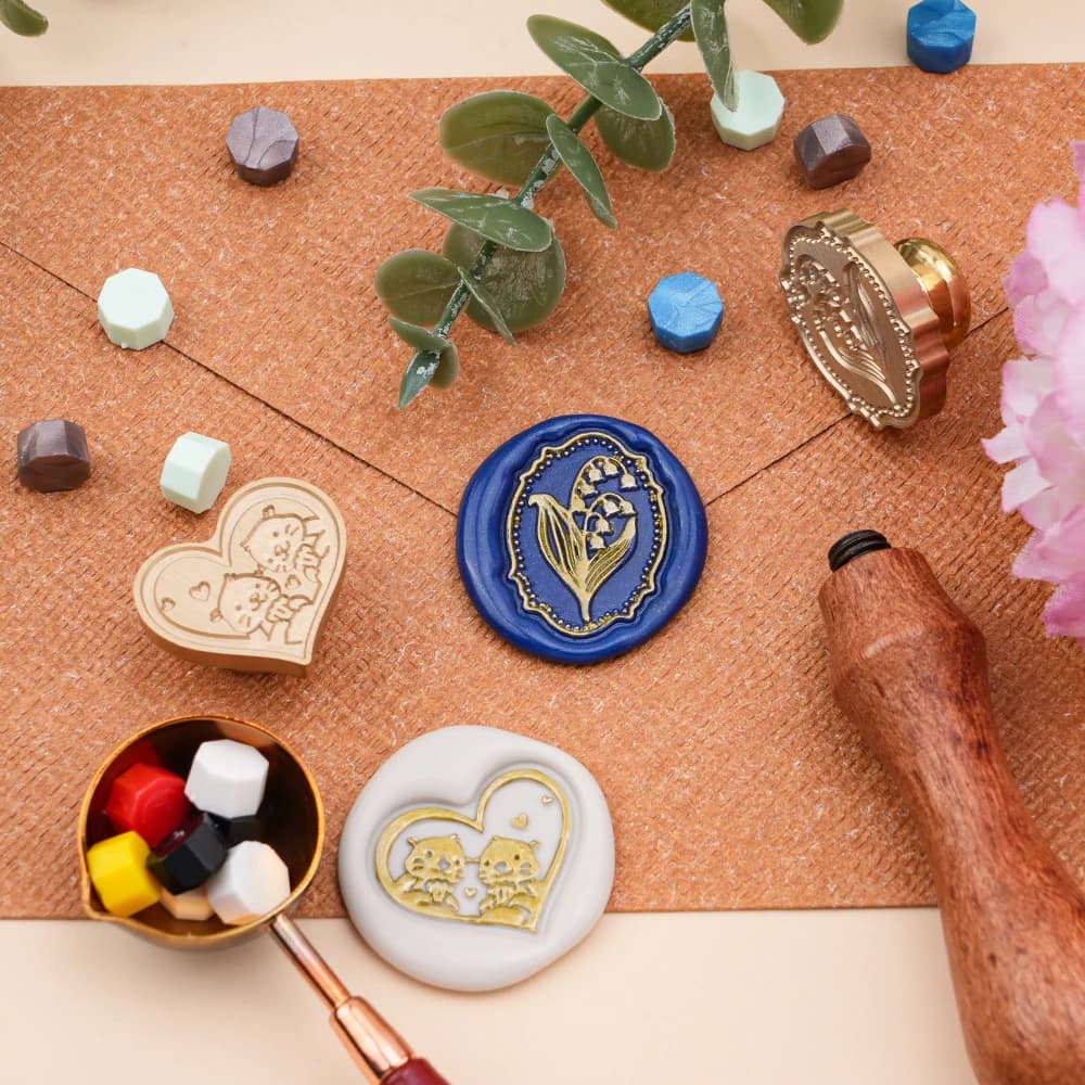 1set Wax Seal Stamp Kit, Butterfly Lily Heart Kitten Brass Seal Heads for Wedding Invitation Envelope Scrapbook Decoration