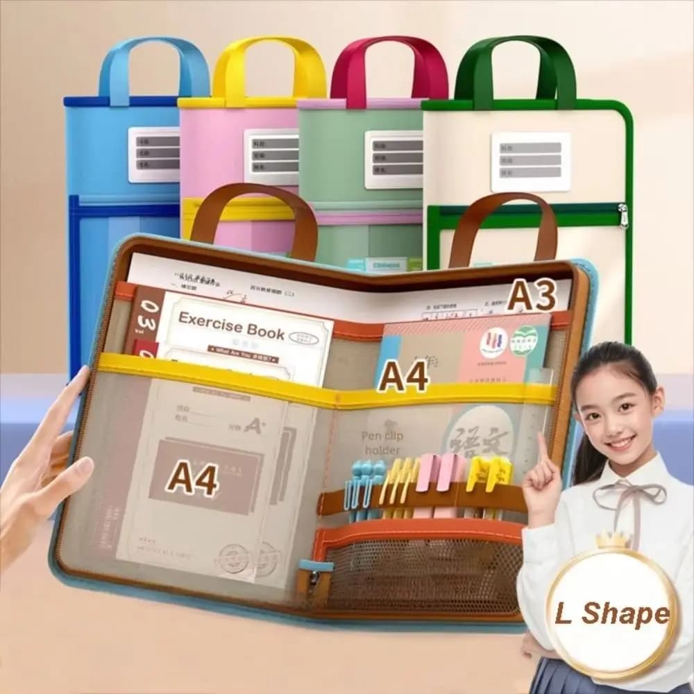 L-shaped A4 File Bag Transparent Large-capacity Stationery Storage Bag Large Opening Zipper Closure Mesh Folder Bag Office Use
