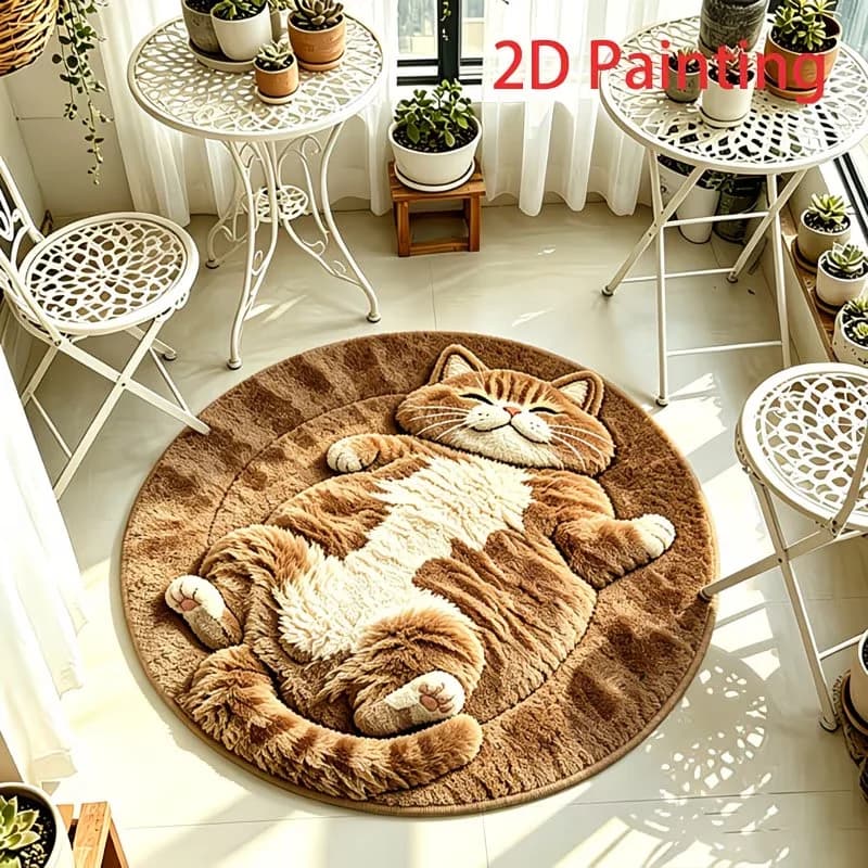 VIKAMA Cute Lazy Cat Round Print Rug 3D Visual Kitten Soft Non Slip Waterproof Floor Mat Teen Bedroom Dorm Aesthetic Decor