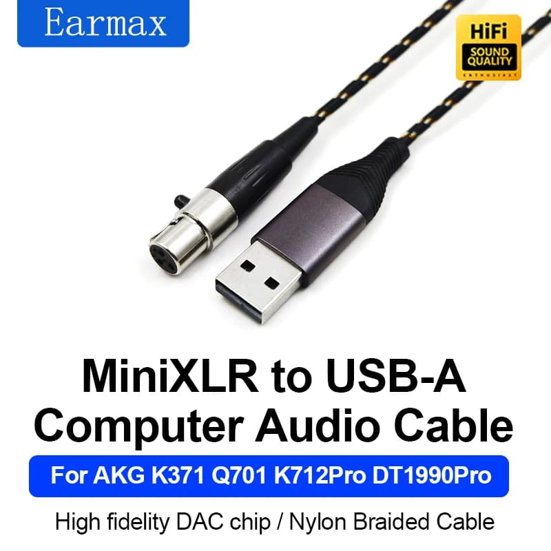 USB-A Lightning TYPEC to Mini XLR 3-Pin for AKG Q701 K181DJ K712Pro DT1990Pro DT1770Pro Replaceable Desktop Gaming Headset