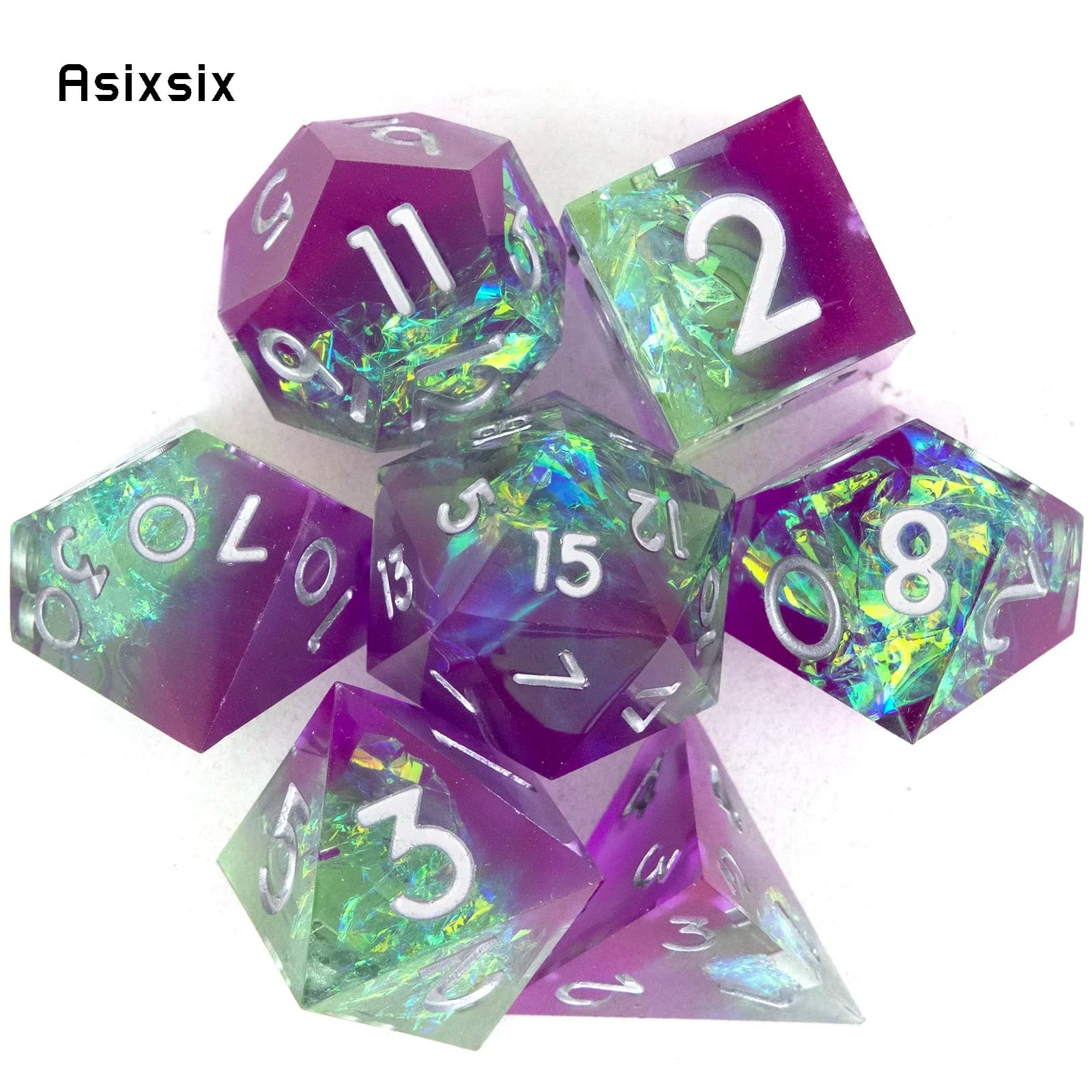 Set di 7 Dadi Poliedrici in Resina con Bordi Affilati, Colori Viola, Verde e Bianco, Adatti per Giochi di Ruolo e da Tavolo
