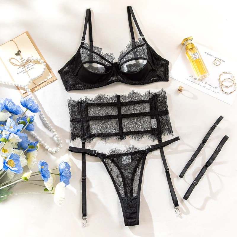 Bikini Fashion Sexy Lingerie Lace Swimsuit Shaping Garter Belt Bra Four-Piece Set