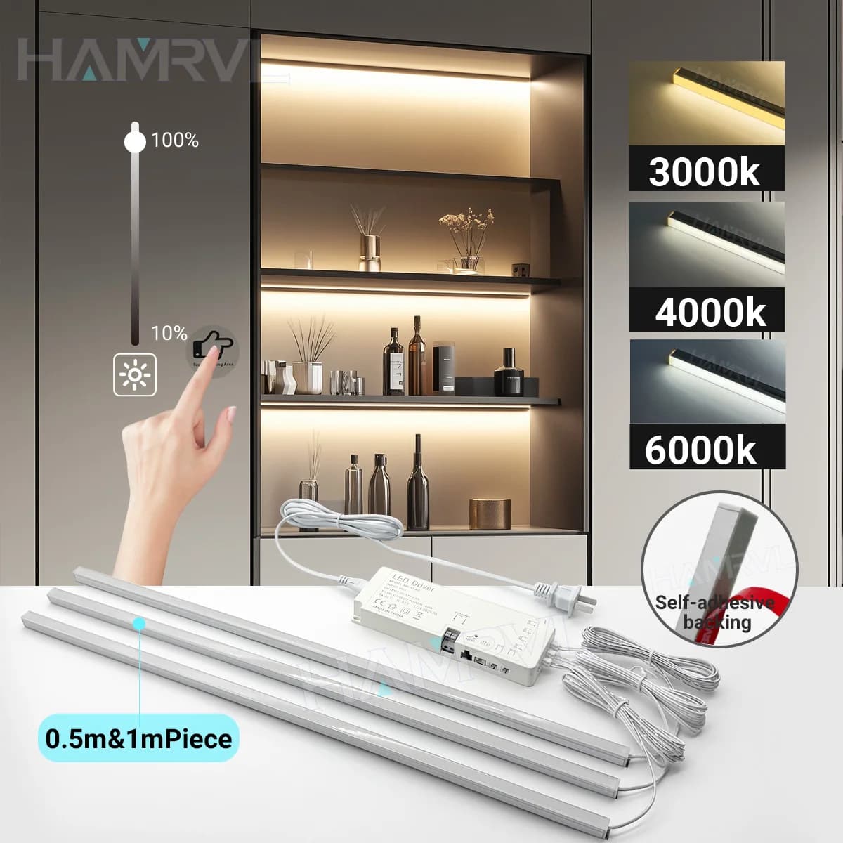 50cm1M Fitting touch wooden panel LED lights Black aluminum strip lamp for kitchen shelves Wardrobe Deco Lighting for wardrobe