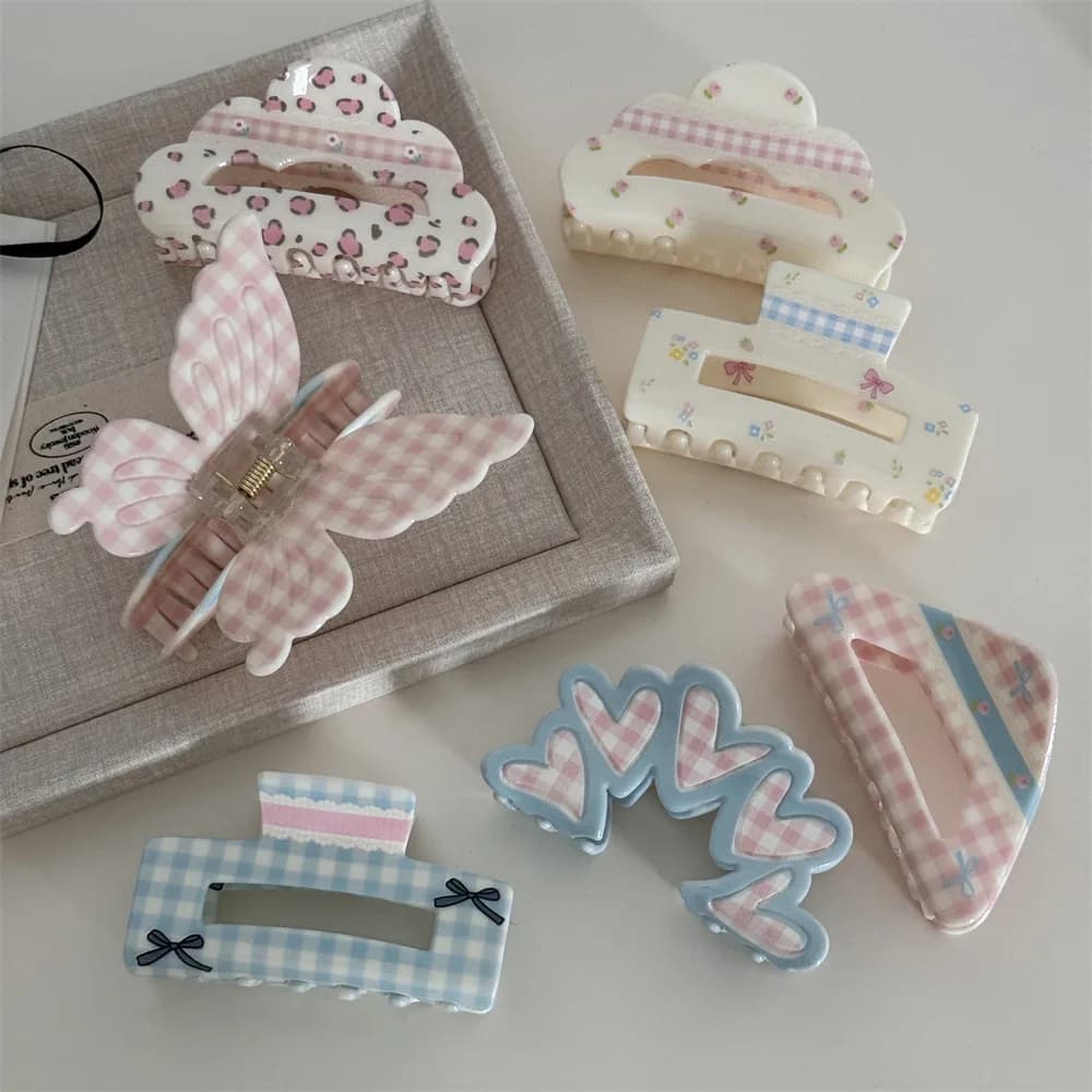 Creamy Girl Series Floral Stripe Bow Clip Acrylic for Women, Non-Slip Kawaii Updo Claw Clip, Daily Party Gift Evening Wedding