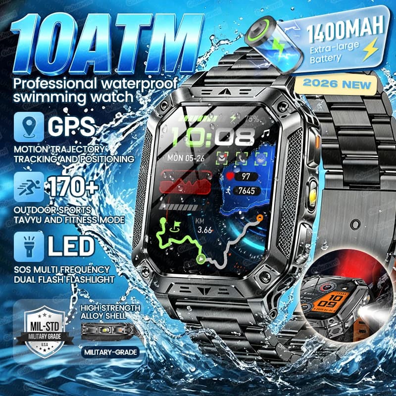 Nuovo Smartwatch TANK Originale, Impermeabile 10ATM, per Nuoto e Sport, Batteria 1400mAh, GPS, Torcia, Chiamate Bluetooth