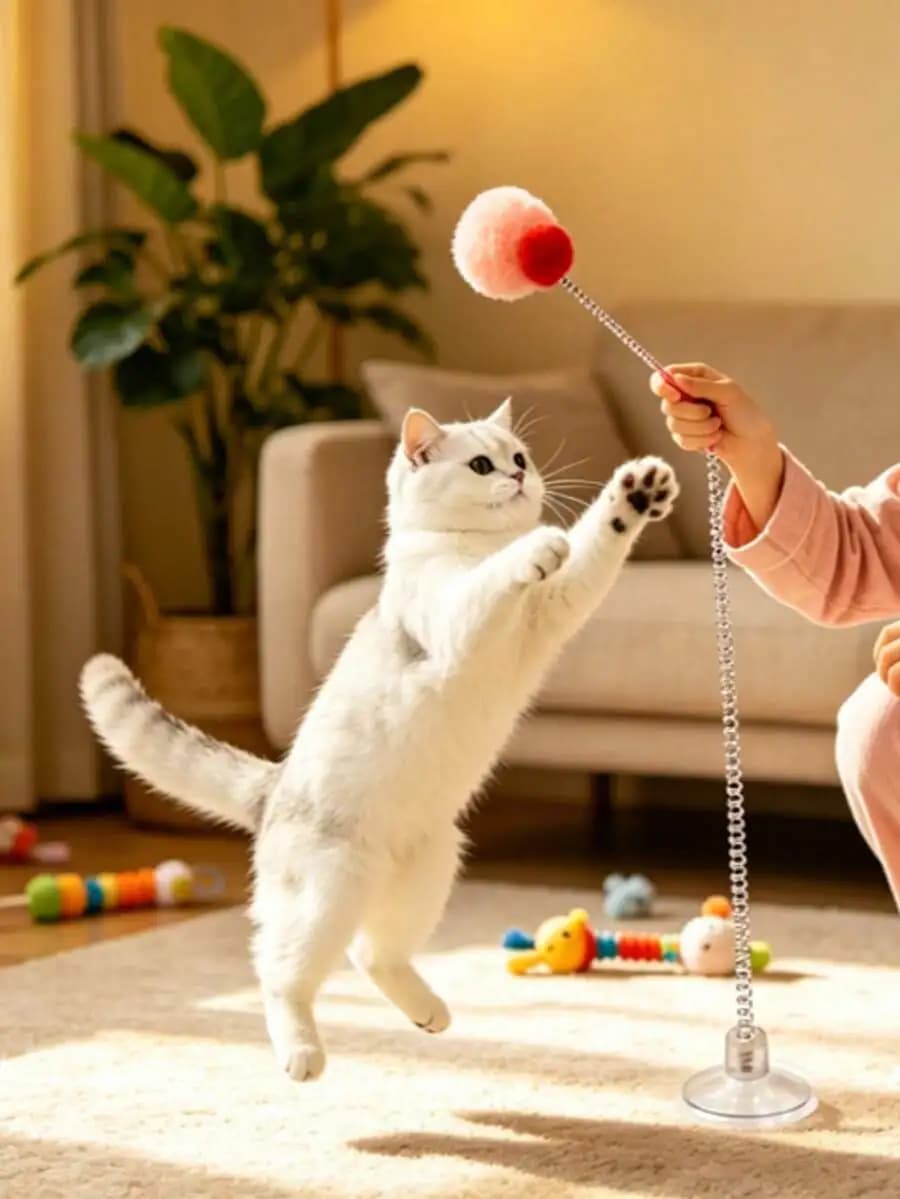 Suction Cup Cat Teaser Wand With Plush Ball Interactive Toy For Adult Cats