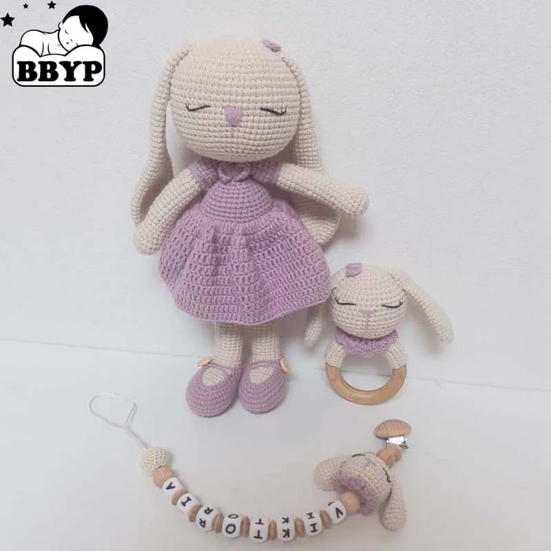 Crochet lop-eared Rabbit Baby Teether kawaii Knitted Bunny Stuffed Animal Doll Beech Wood Pacifier Clip Baby Amigurumis