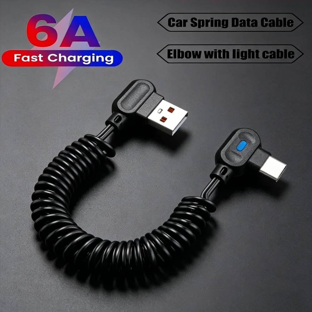 6A USB C Cable 90 Degree Elbow Fast Charging Charger Data Cord High Speed Data Transfer Cable PD Retractable Spring Quick Cable
