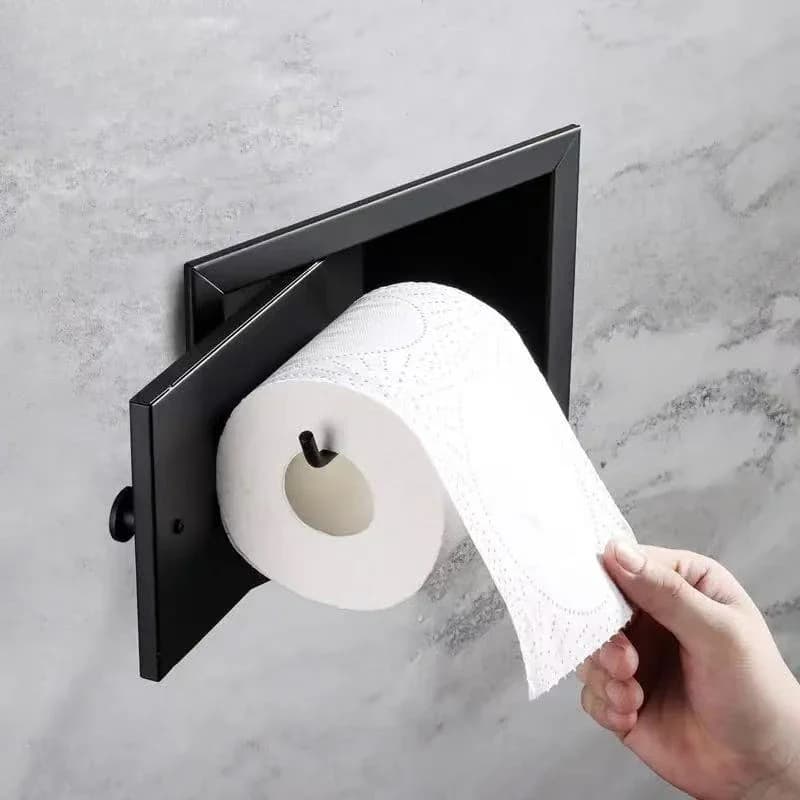 Recessed Matte Black Recessed Toilet Paper Roll Holder, Stainless Steel Tissue Paper Holder Storage Box for Bathroom, Kitchen