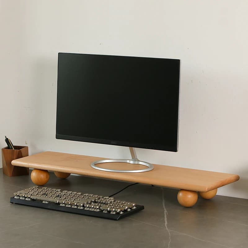 Support for double table monitor in natural wood with tray storage desk organizer for office installation