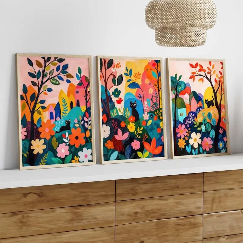 Set of 3 Modern Wall Prints with Black Cats in the Garden, Unframed Artistic Poster, Wall Decoration for Bedroom, Gift for Cat Lovers