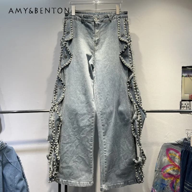 Jeans a gamba larga stile europeo da donna primavera e autunno 2024 pantaloni in denim a gamba dritta a vita alta con perline e design laterale allentato