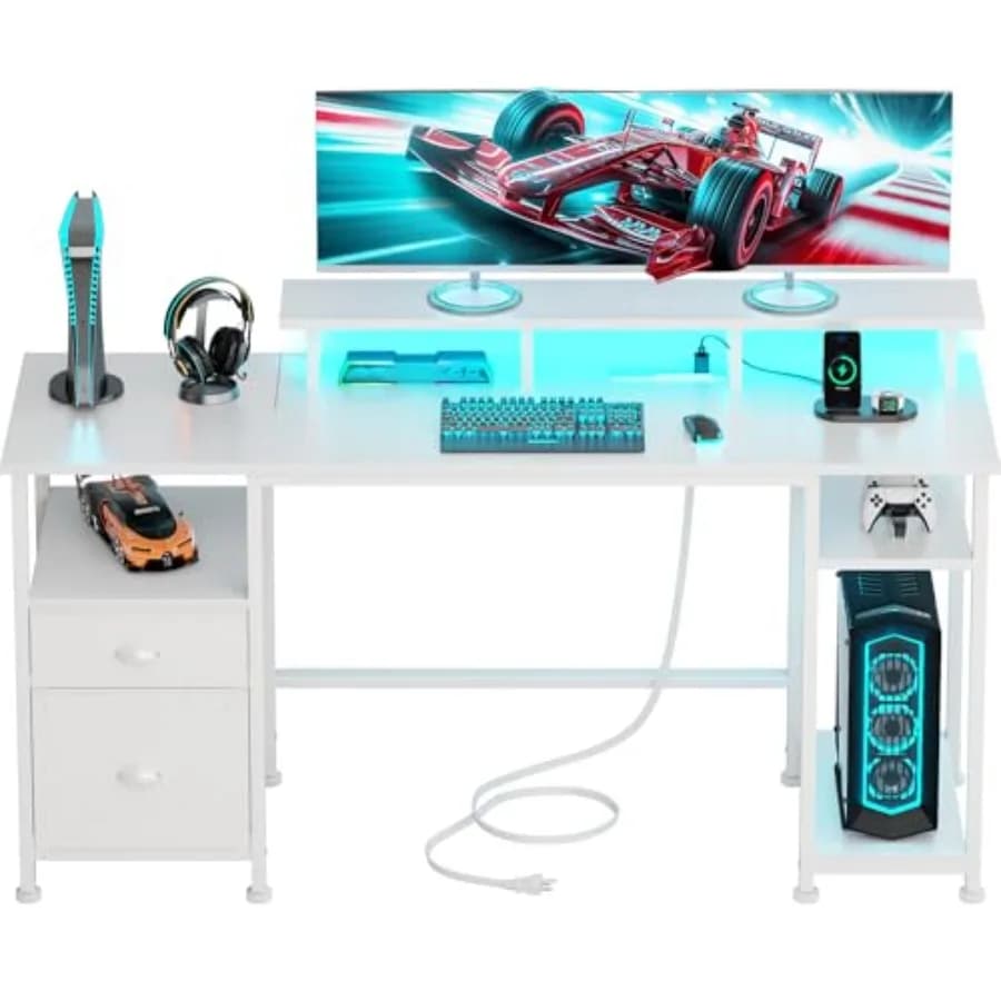 Scrivania per Computer da 61 Pollici con Presa di Corrente e Luci LED, Scrivania da Gaming Reversibile con Armadietto e Supporto per Monitor per Ufficio Domestico L