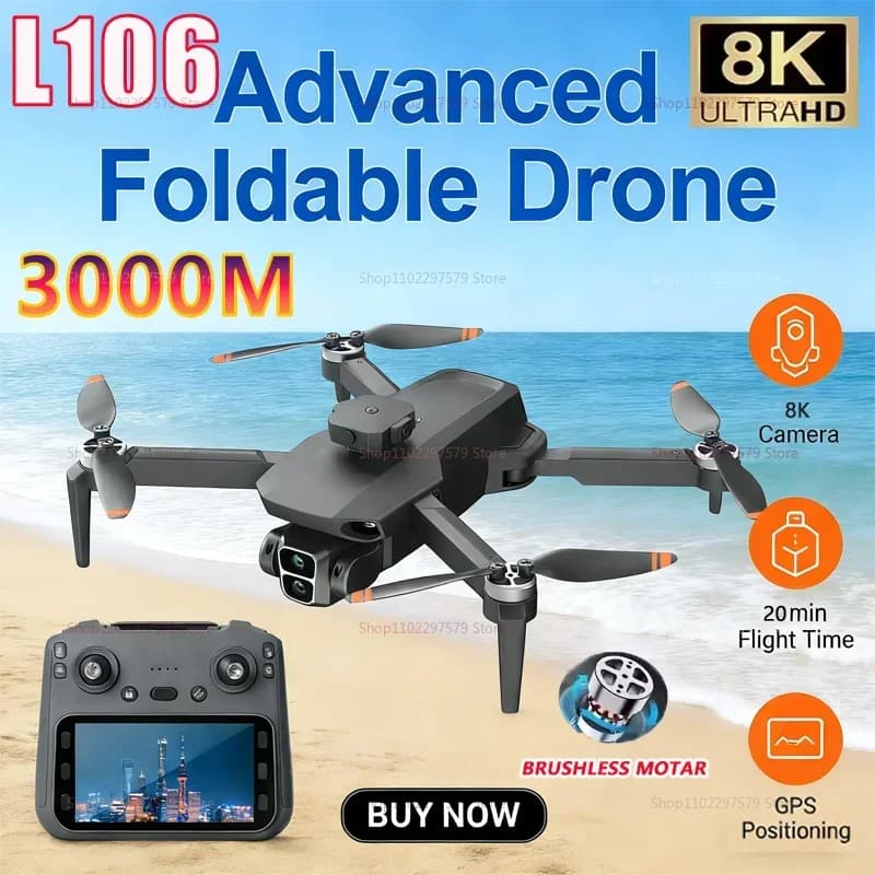 New Drone L106 8K HD with Avoidance Obstacles, Brushless Motor, Remote Control with Screen, Square Folding UAV Toy