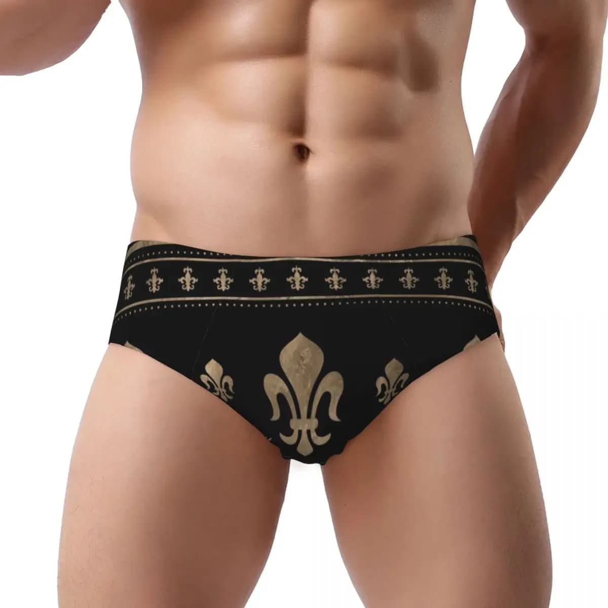 Personalizzato Mens Luxury Fleur De Lis Nero E Oro Mutandine Intimo Maschile Morbido Fiore di Giglio Fleur-De-Lys Slip Mutande