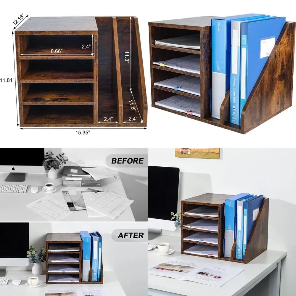 Organizzatore di file da tavolo in legno per cartelle, posta, buste, forniture e riviste, marrone
