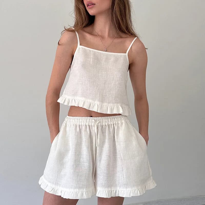 Completo Estivo da Donna in Lino e Cotone, 2 Pezzi, Stile Coreano con Top a Balze e Pantaloncini con Elastico in Vita, Abbigliamento per Casa