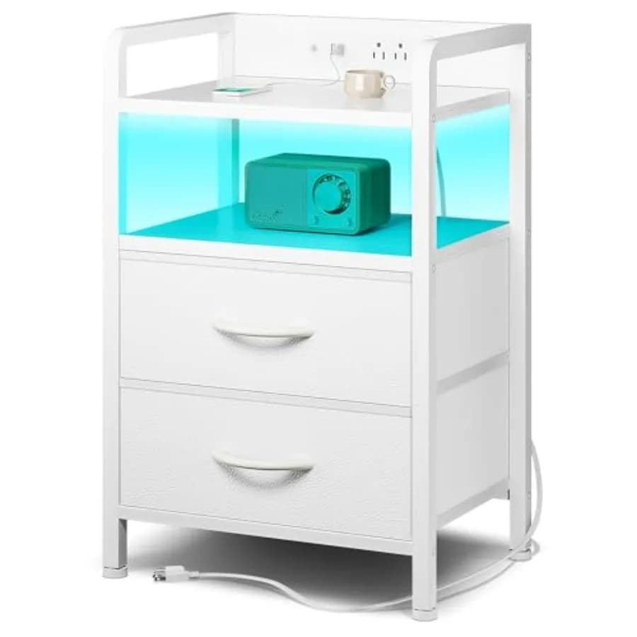 Comodino Lazzanto per Camera da Letto - Comodino con Stazione di Ricarica e Striscia LED, Tavolino Moderno da Comodino