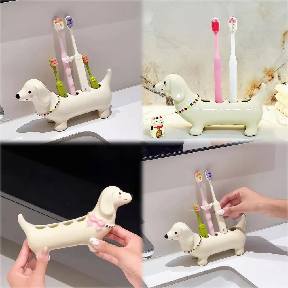 Porta spazzolino in ceramica per cani con salsiccia di cartone animato Dur-able antiscivolo impermeabile porta spazzolino da bagno facile da pulire